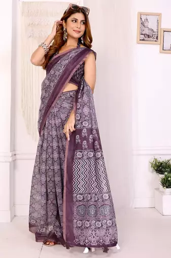 Wine printed art silk designer pallu saree