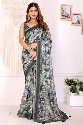 Grey printed art silk designer pallu saree