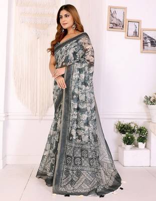 Grey printed art silk designer pallu saree 2