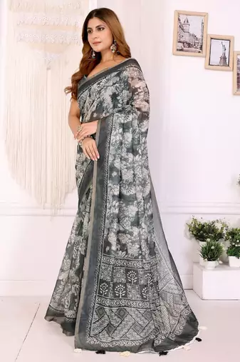 Grey printed art silk designer pallu saree
