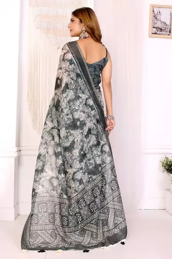 Grey printed art silk designer pallu saree