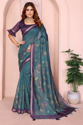 Teal printed art silk designer pallu saree