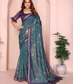 Teal printed art silk designer pallu saree