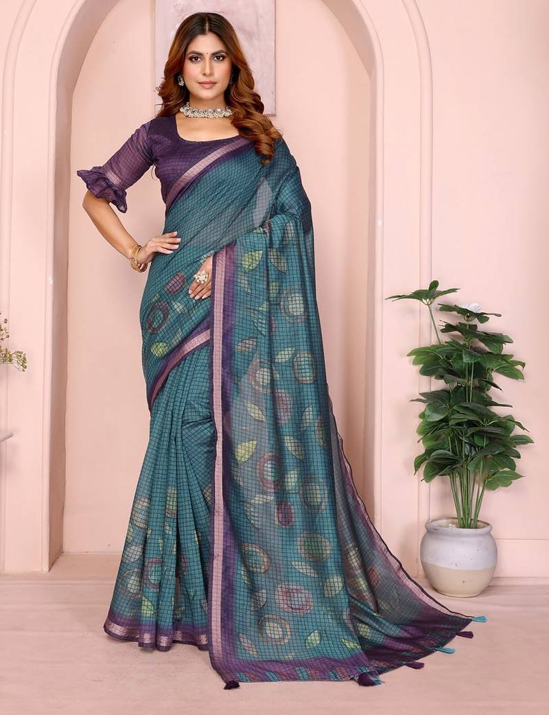 Teal printed art silk designer pallu saree