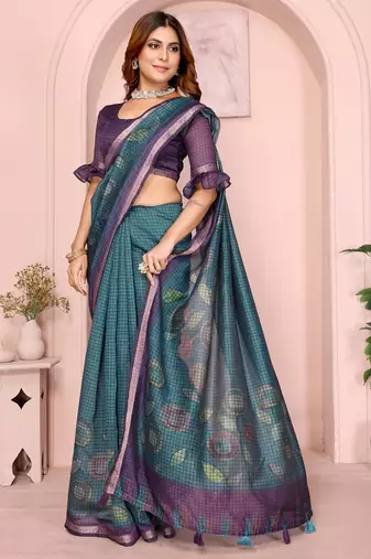 Teal printed art silk designer pallu saree