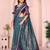 Teal printed art silk designer pallu saree