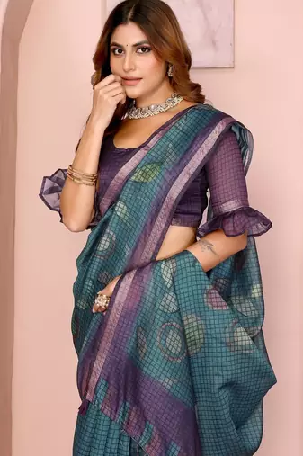 Teal printed art silk designer pallu saree