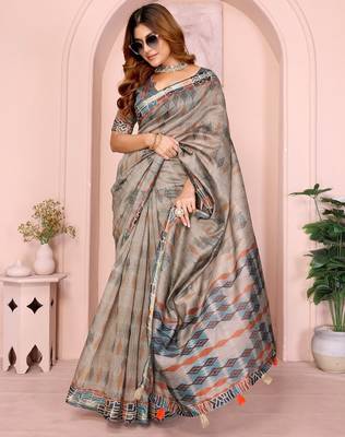 Grey printed art silk designer pallu saree 1