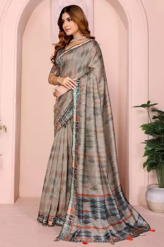 Grey printed art silk designer pallu saree