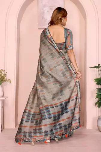 Grey printed art silk designer pallu saree