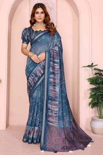 Teal printed art silk designer pallu saree