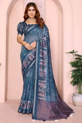 Teal printed art silk designer pallu saree