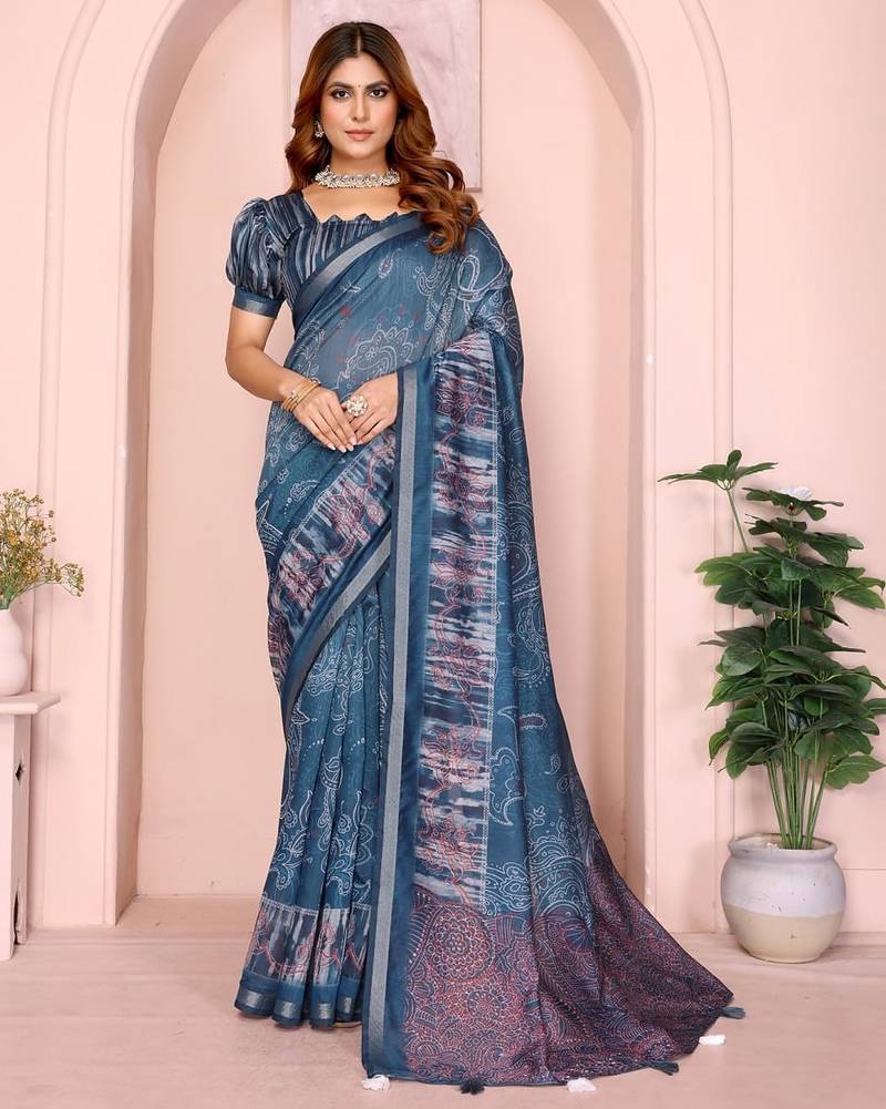 Teal printed art silk designer pallu saree