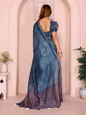 Teal printed art silk designer pallu saree 3