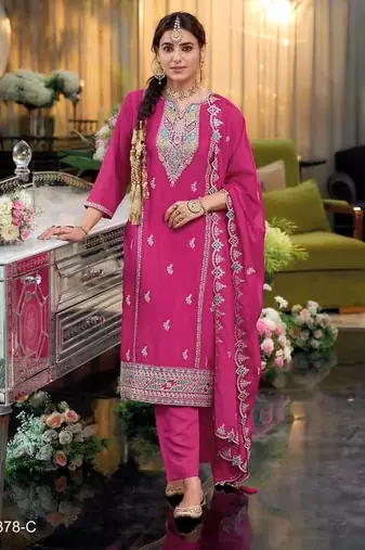Pink color embroidery work fendy silk wedding wear salwar suit