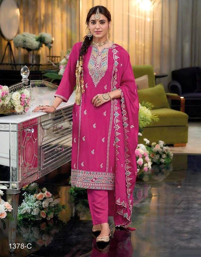 Pink color embroidery work fendy silk wedding wear salwar suit