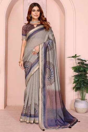 Grey printed art silk designer pallu saree