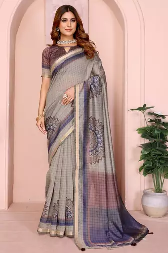 Grey printed art silk designer pallu saree