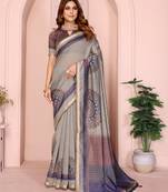 Grey printed art silk designer pallu saree