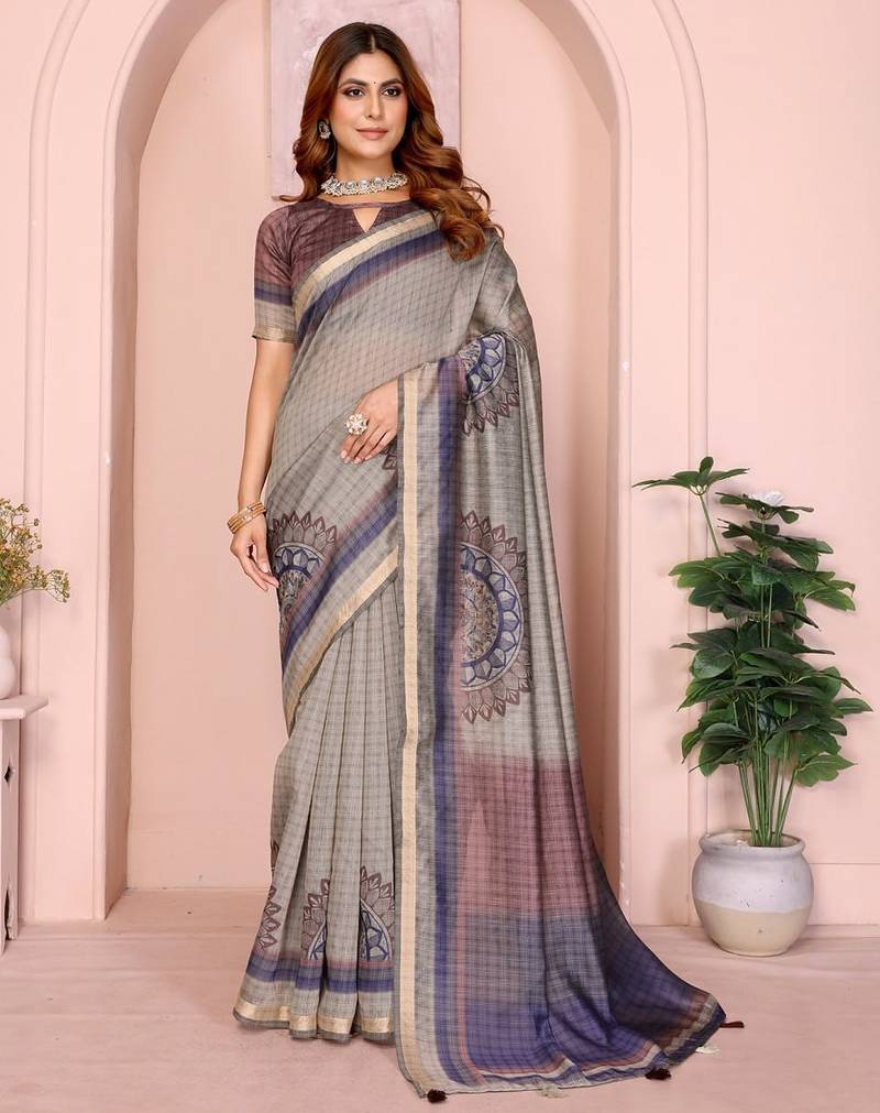 Grey printed art silk designer pallu saree