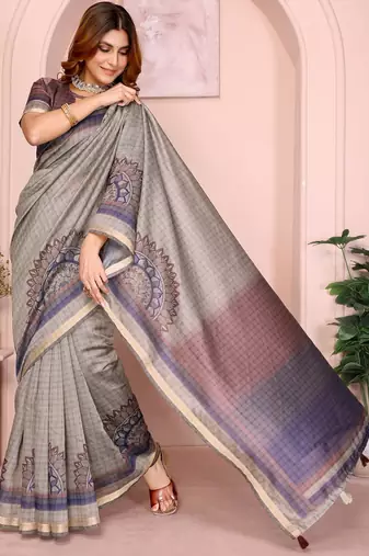 Grey printed art silk designer pallu saree