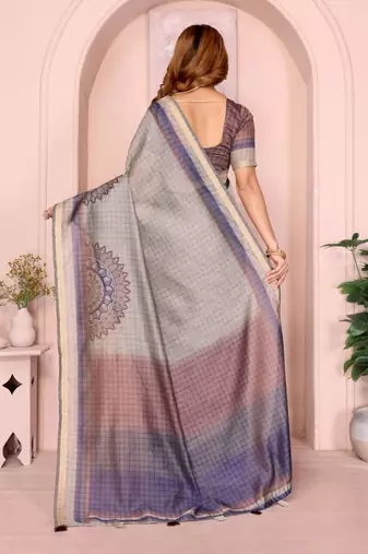 Grey printed art silk designer pallu saree