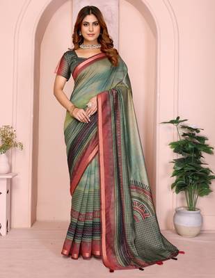 Light green printed art silk designer pallu saree 1