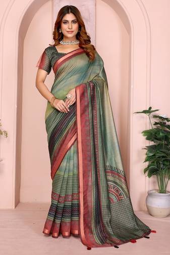 Light green printed art silk designer pallu saree