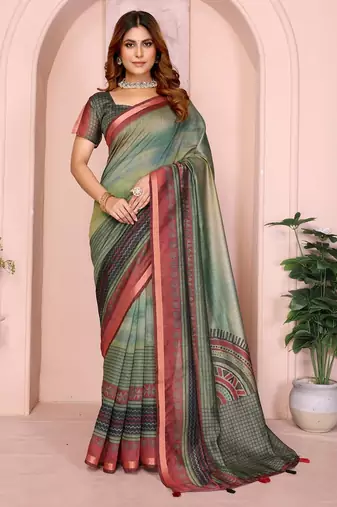 Light green printed art silk designer pallu saree
