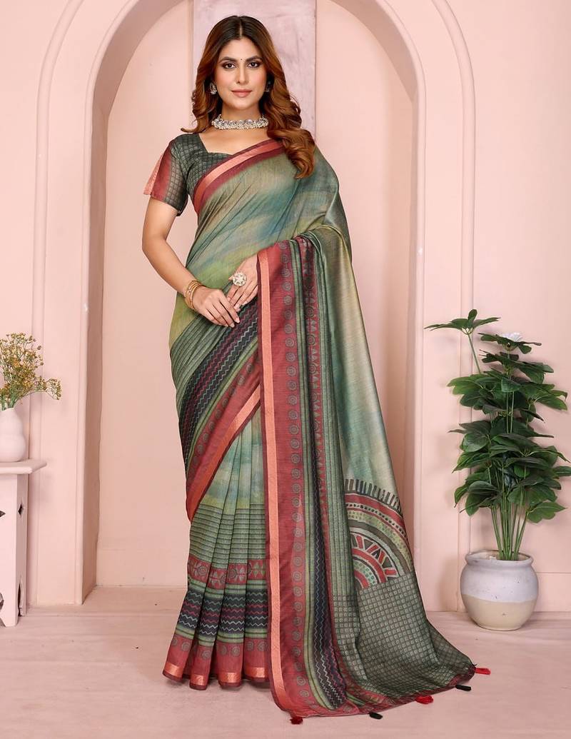 Light green printed art silk designer pallu saree