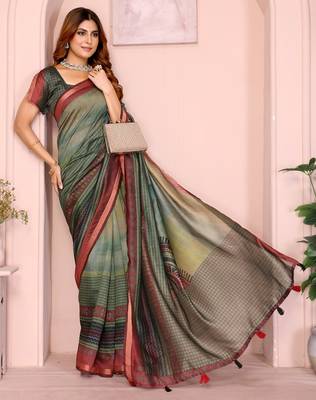Light green printed art silk designer pallu saree 2