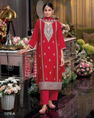 Red color embroidery work fendy silk wedding wear salwar suit 1