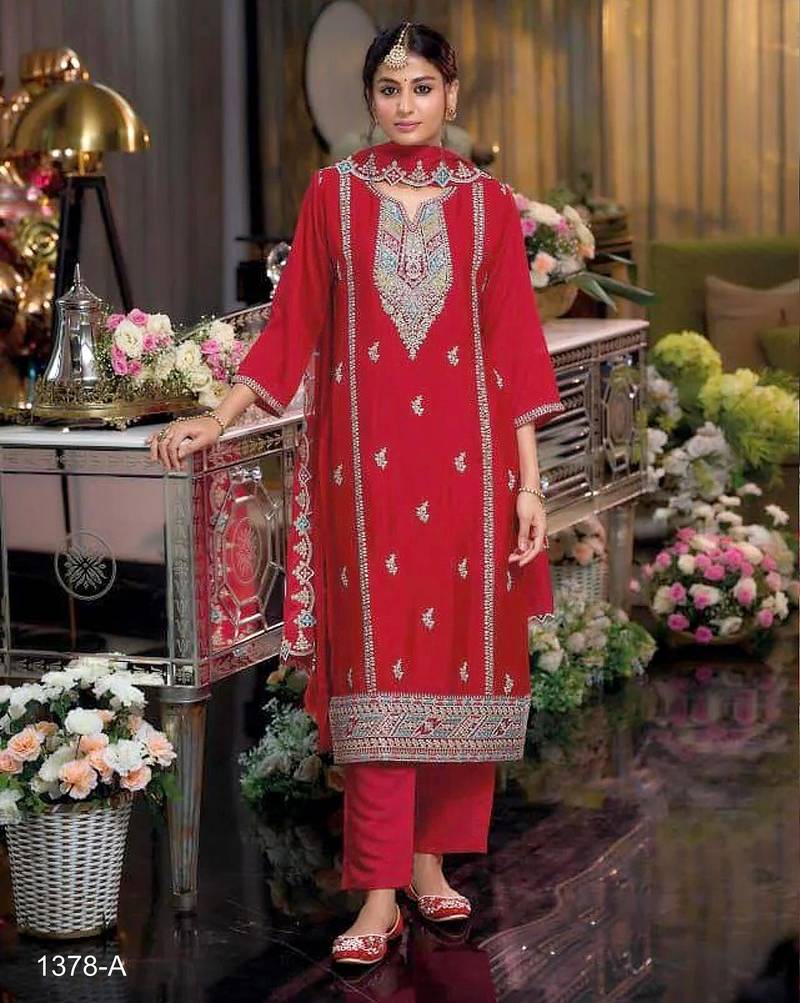 Red color embroidery work fendy silk wedding wear salwar suit