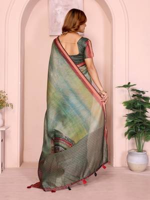 Light green printed art silk designer pallu saree 3