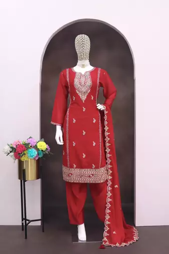 Red color embroidery work fendy silk wedding wear salwar suit