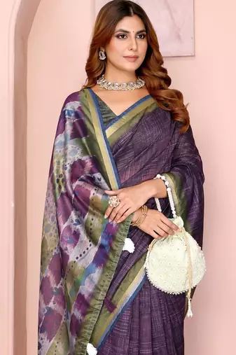 Wine printed art silk designer pallu saree