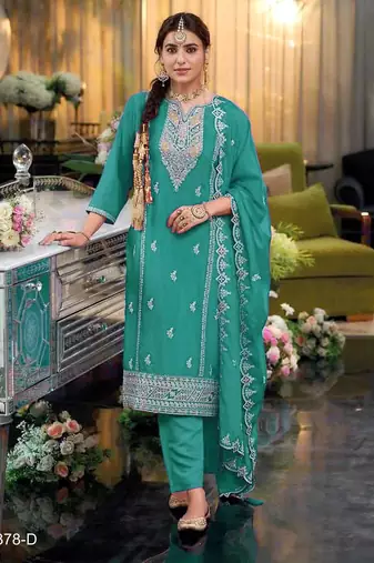 Turquoise color embroidery work fendy silk wedding wear salwar suit