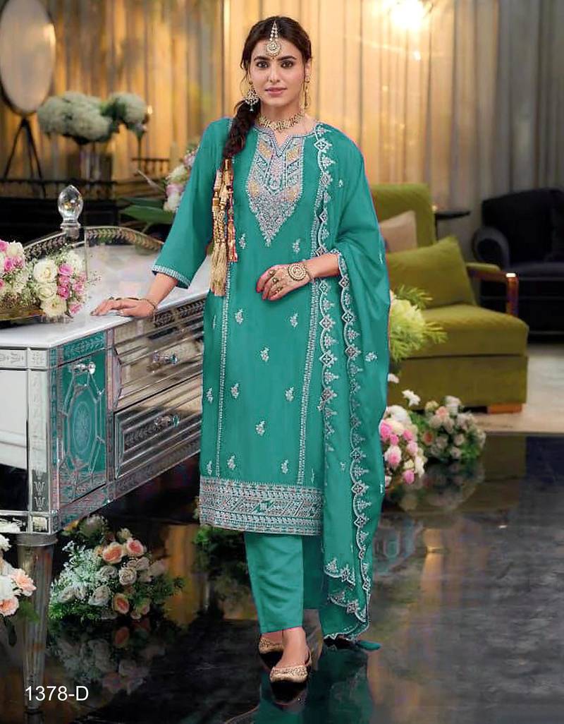 Turquoise color embroidery work fendy silk wedding wear salwar suit
