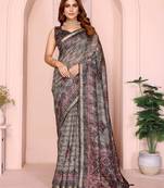 Grey printed art silk designer pallu saree