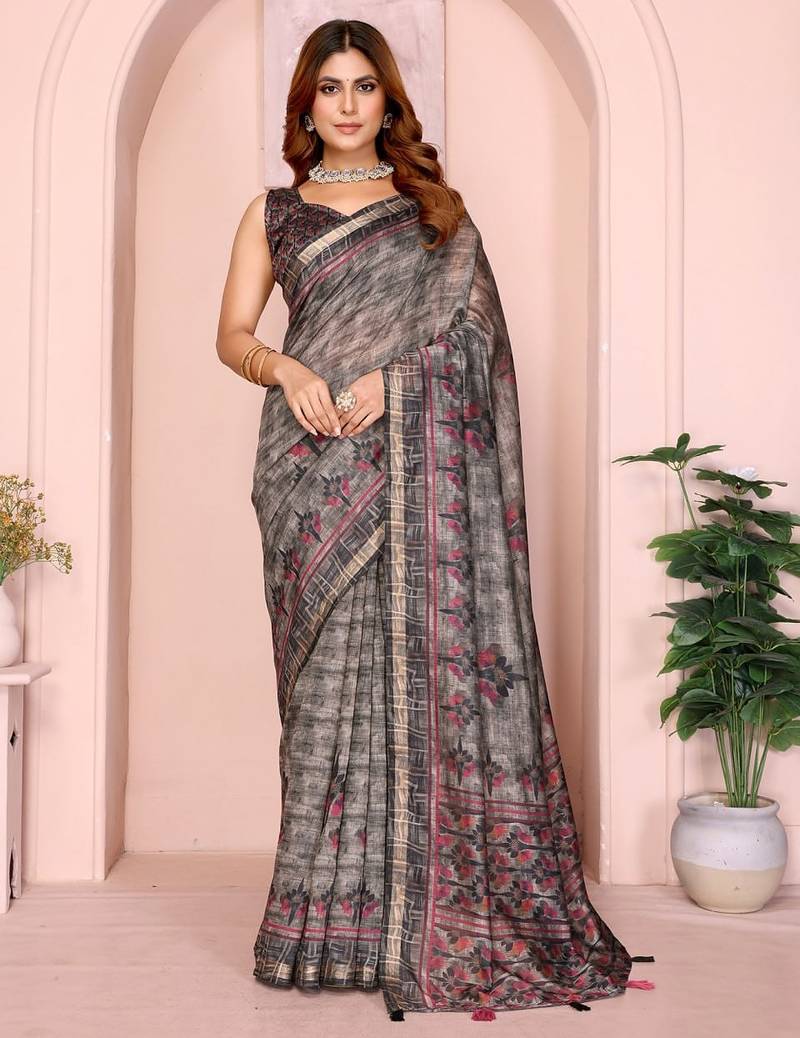 Grey printed art silk designer pallu saree