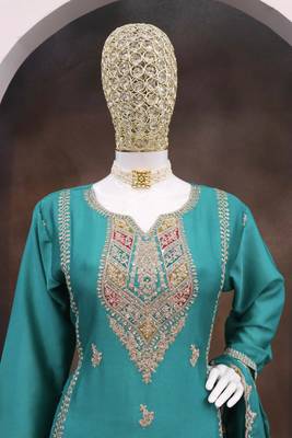 Turquoise color embroidery work fendy silk wedding wear salwar suit 2