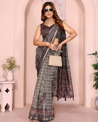 Grey printed art silk designer pallu saree 2