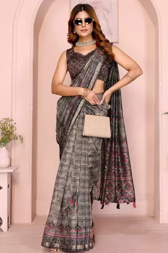 Grey printed art silk designer pallu saree