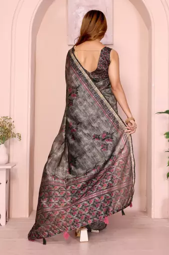 Grey printed art silk designer pallu saree