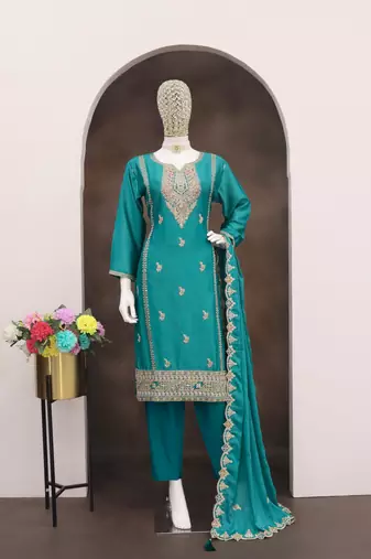 Turquoise color embroidery work fendy silk wedding wear salwar suit