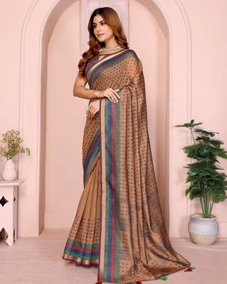 Brown printed art silk designer pallu saree 2