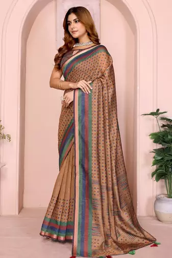 Brown printed art silk designer pallu saree
