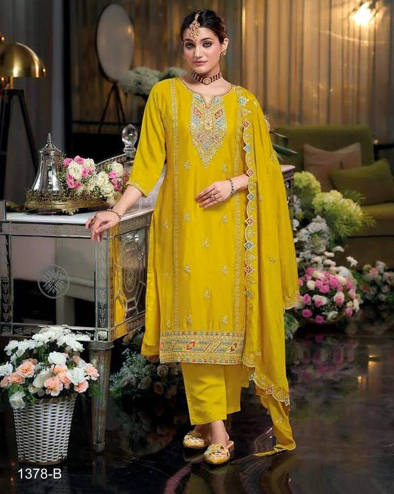 Yellow color embroidery work fendy silk wedding wear salwar suit