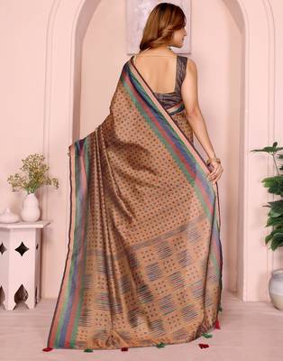 Brown printed art silk designer pallu saree 3