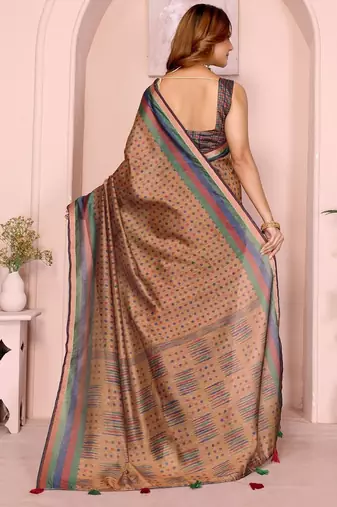 Brown printed art silk designer pallu saree